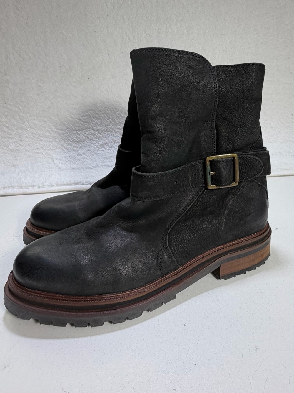 H by Hudson Black Leather Moto Biker Lug Boots Buckle Zip EU 37 US 6 Short Boots